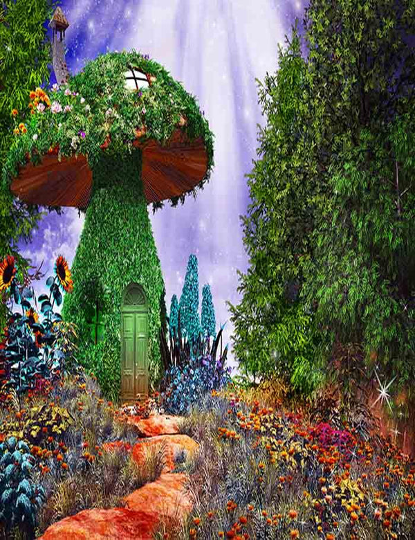 Fairytale Scene With Mushroom House Covered By Ivy Colorful Flowers ...