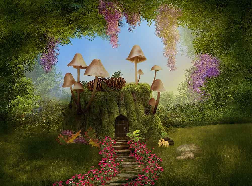Fantasy House On Tree Trunk With Mushrooms In Forest Photography Backdrop J-0310 Shopbackdrop