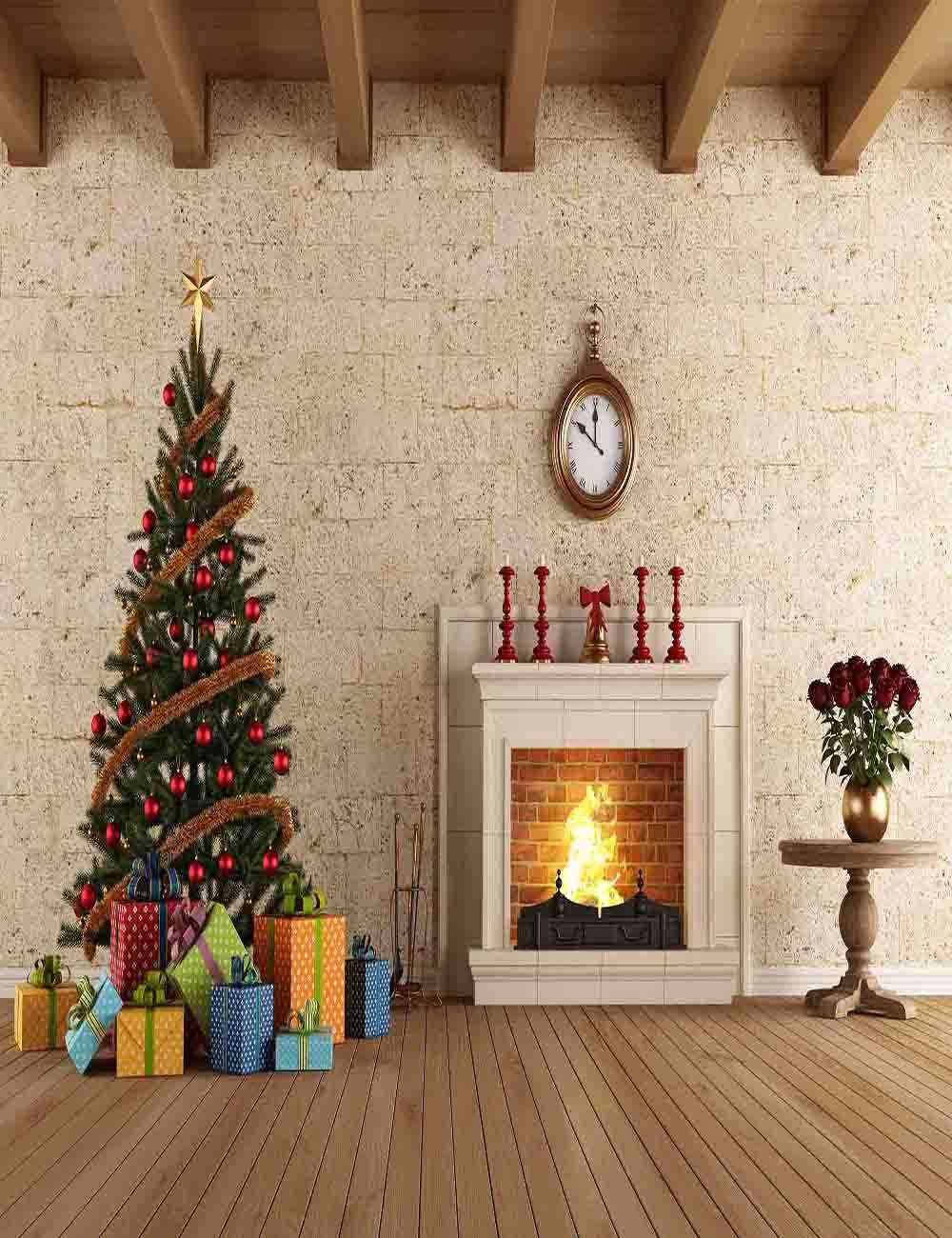 Fireplace Bell And Christmas Tree With Wood Floor Backdrop Shopbackdrop