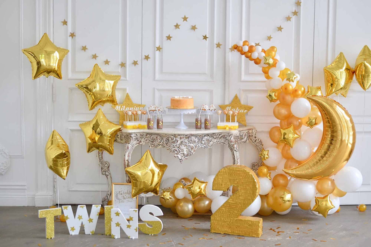 Golden  Stars And Moon Balloons For Baby Two Years Old Birthday Backdrop Shopbackdrop