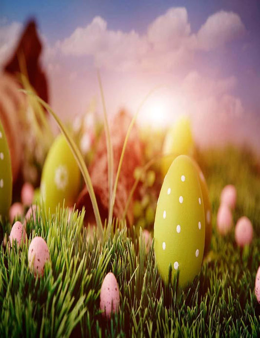Green Eggs With White Dots On Grass And Bokeh Background For Holiday Backdrop Shopbackdrop