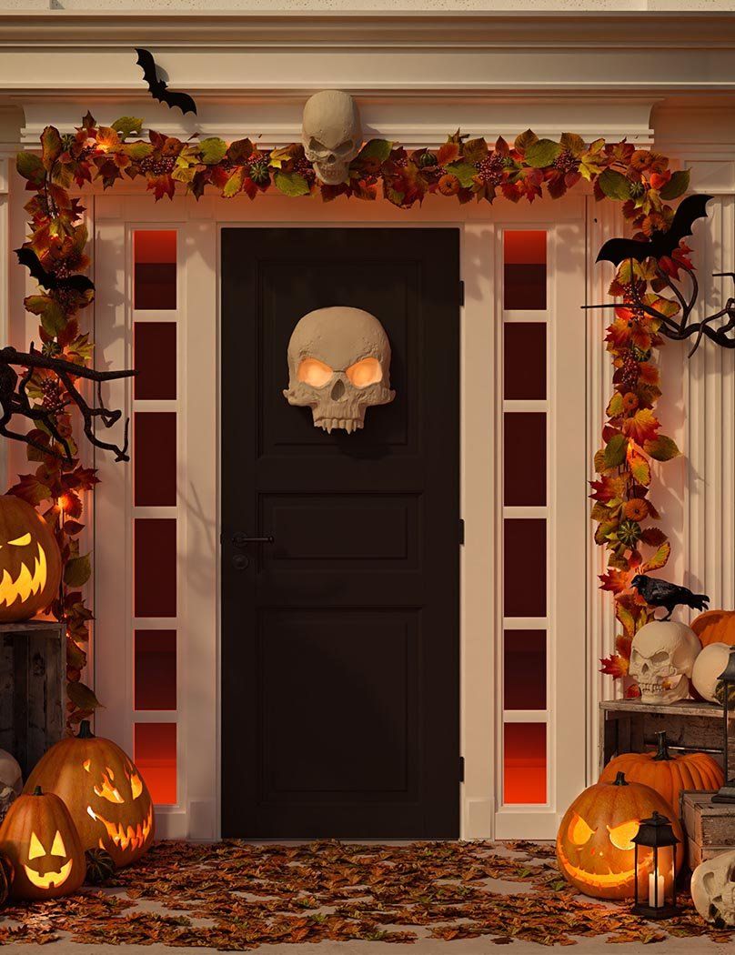 Halloween Decorated Front Door With Various size Shape Pumpkin Photography Backdrop J-0727 Shopbackdrop