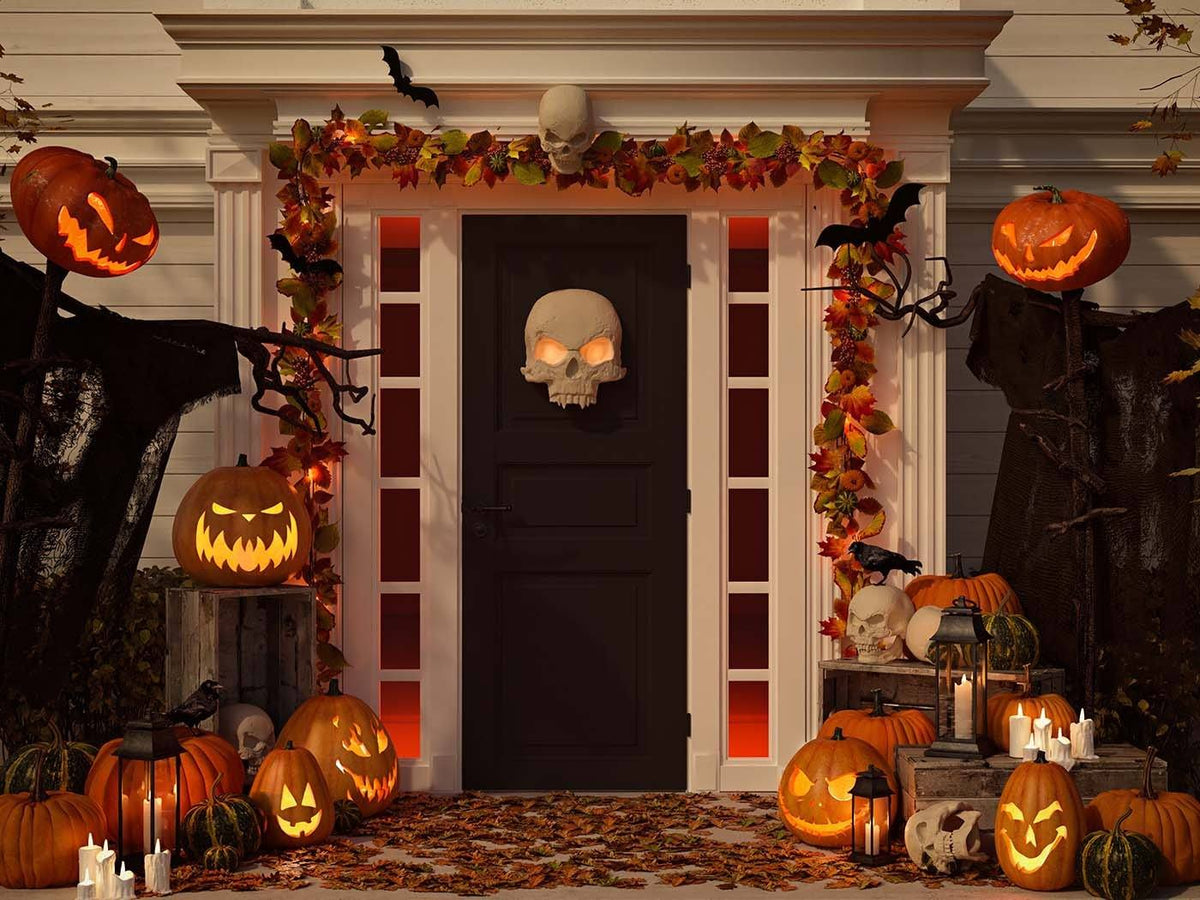 Halloween Decorated Front Door With Various size Shape Pumpkin Photography Backdrop J-0727 Shopbackdrop