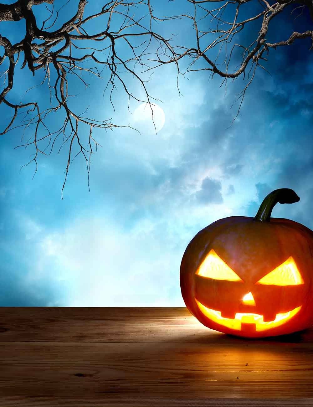 Halloween Pumpkin On Wood Floor With Clundy Night Backdrop For Photo Shopbackdrop