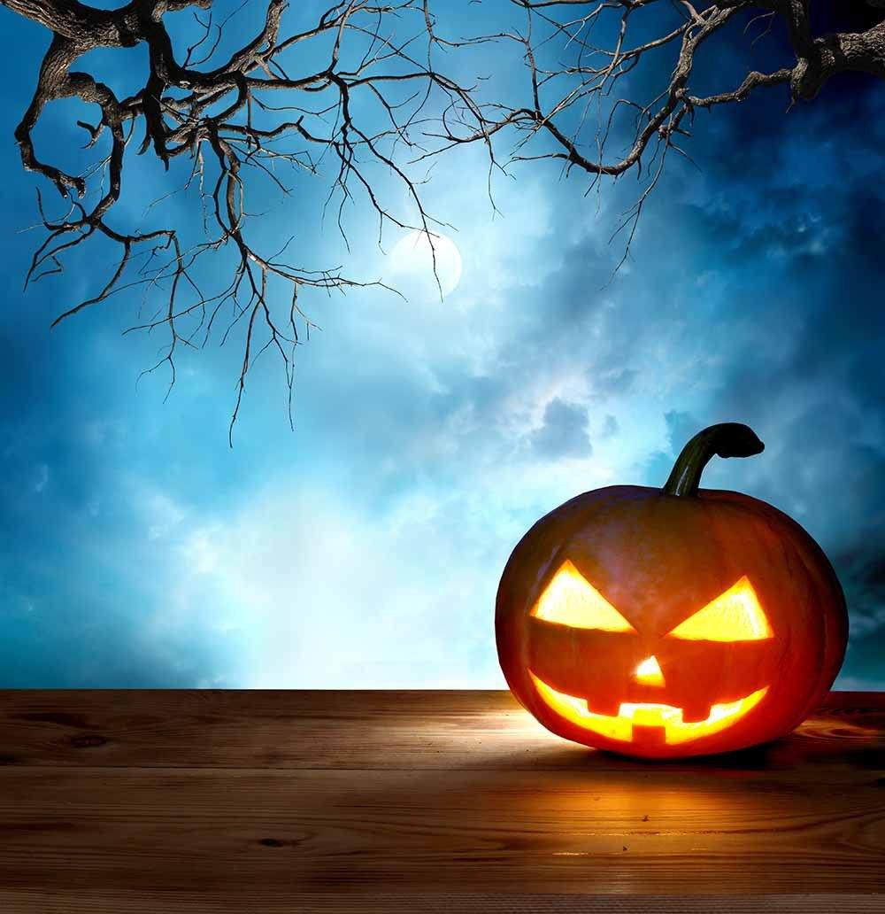 Halloween Pumpkin On Wood Floor With Clundy Night Backdrop For Photo Shopbackdrop