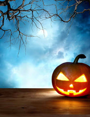 Halloween Pumpkin On Wood Floor With Clundy Night Backdrop For Photo Shopbackdrop