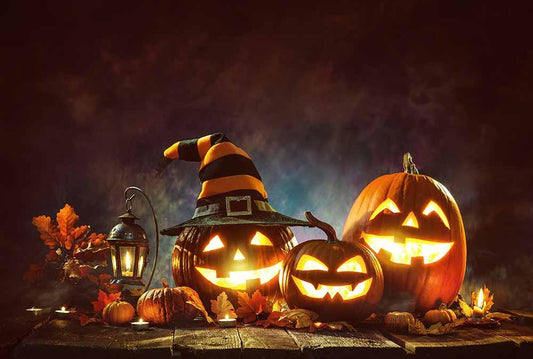 Halloween Pumpkin With Magic Hat On Wood Floor Backdrop For Holiday Photo Shopbackdrop