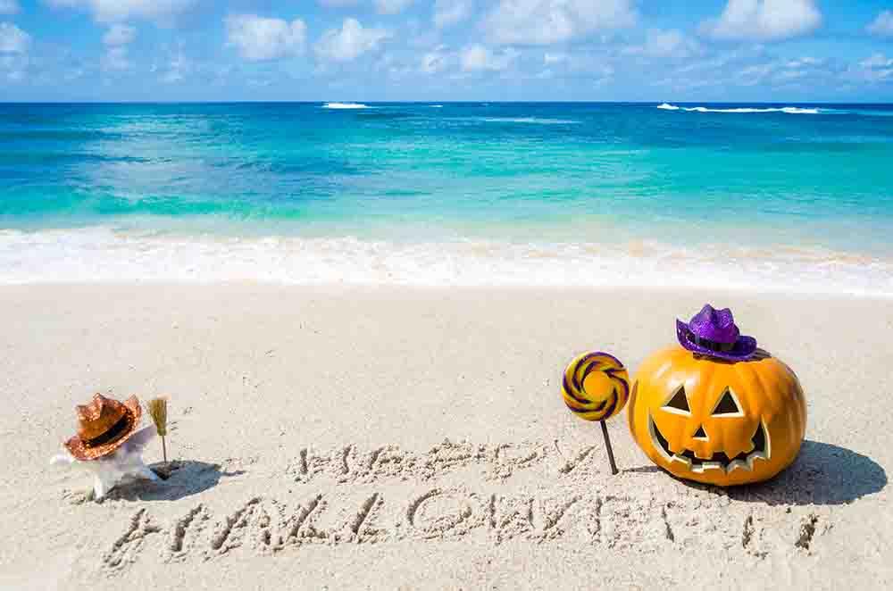 Happy Halloween Write On Beach With Pumpkin For Holiday Backdrop Shopbackdrop