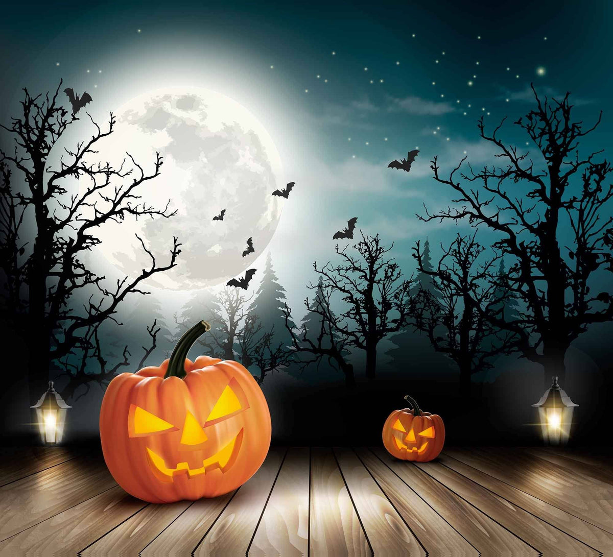 Horror Forest Background With Some Pumpkin On Wood Floor Photography Backdrops Shopbackdrop