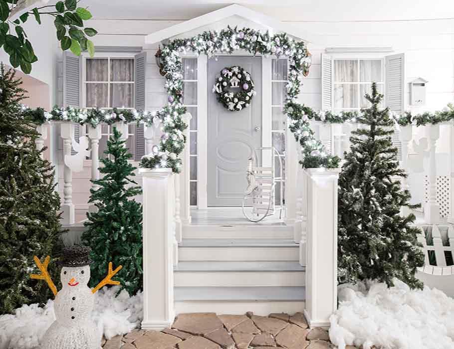 House Entrance Decorated With Christmas Wreath Tree For Photography Backdrop J-0199 Shopbackdrop