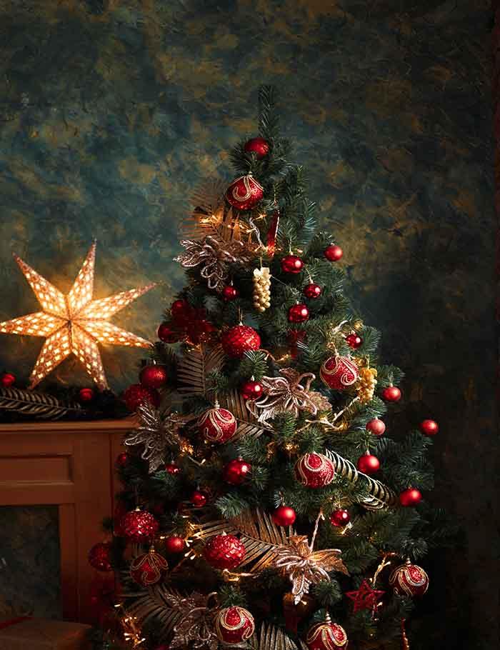 Interior Christmas Tree With Red Yellow Decorations Photography Backdrop J-0144 Shopbackdrop