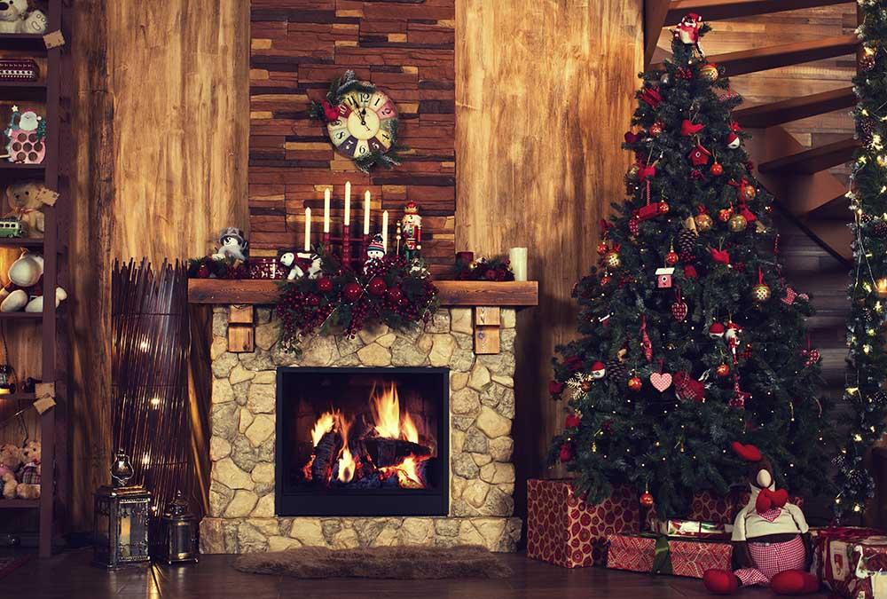 Interior Christmas With Fireplace Decorated Photography Backdrop N-0039 Shopbackdrop