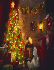 Interior Decorated Christmas Tree With Wood Wall Photography Backdrop N-0015 Shopbackdrop