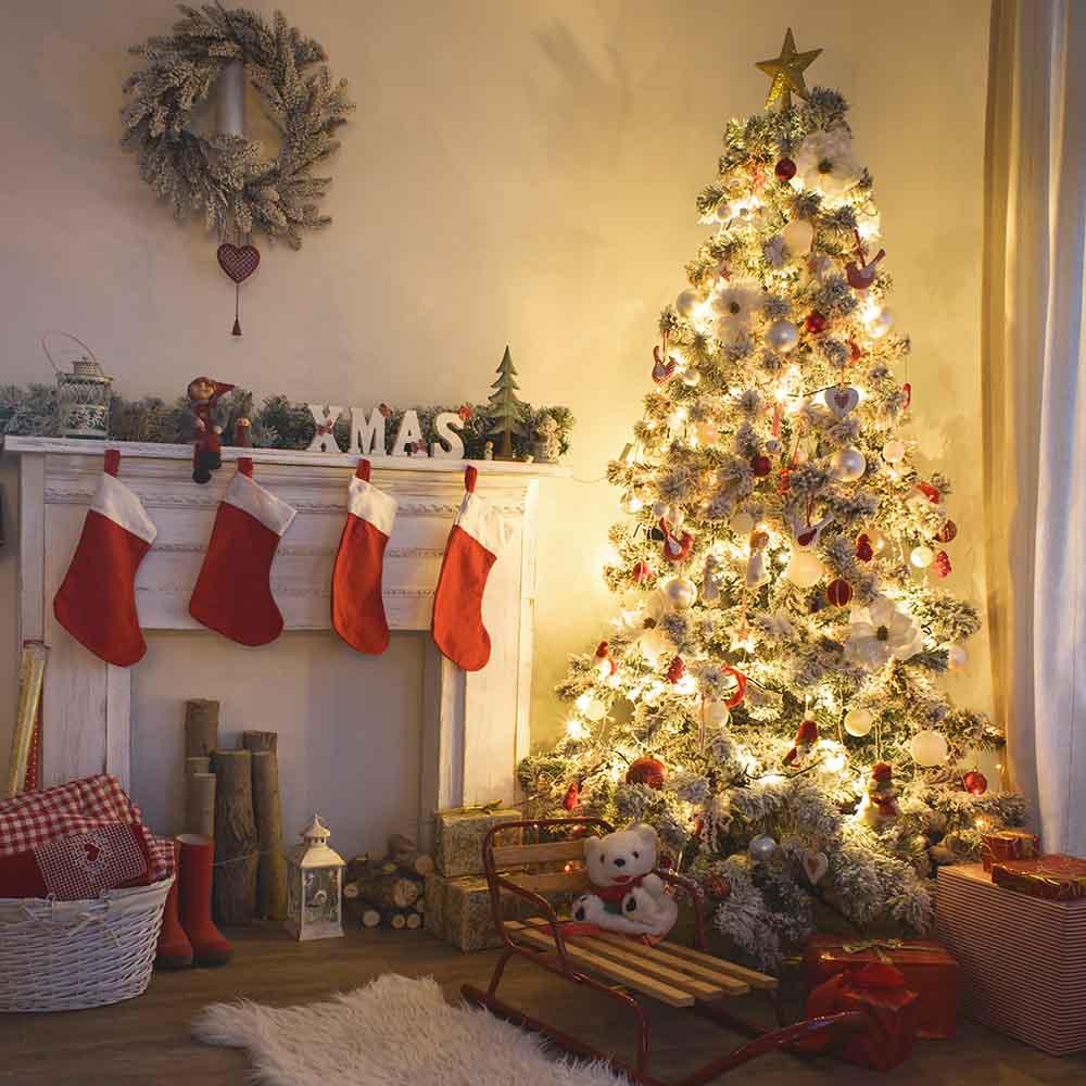 Lighting Xmas Tree Christmas Indoor With Red Socks For Holiday Photo ...