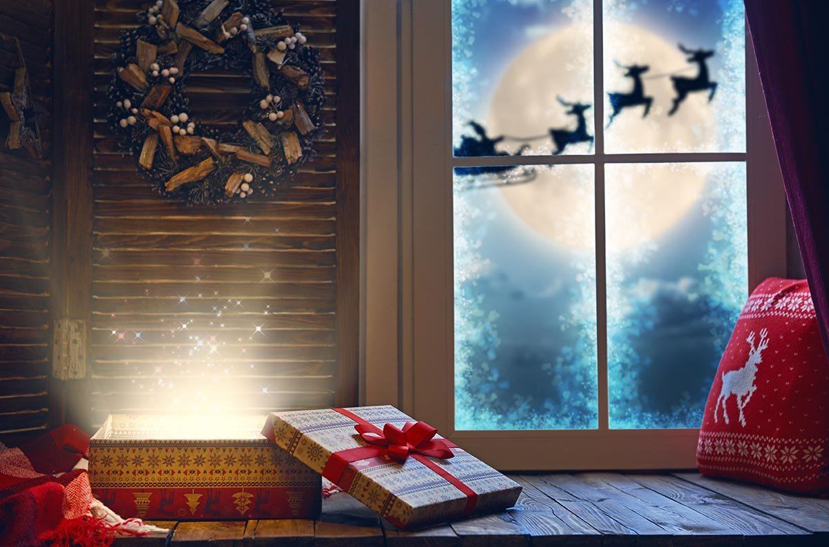 Magical Gift Box Befor Window For Christmas Photography Backdrop N-0062 Shopbackdrop