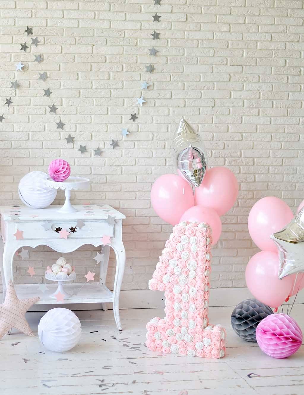 Milk White Brick Wall With Pink Balloons On Wood Floor For Baby 1 Birthday Backdrop Shopbackdrop