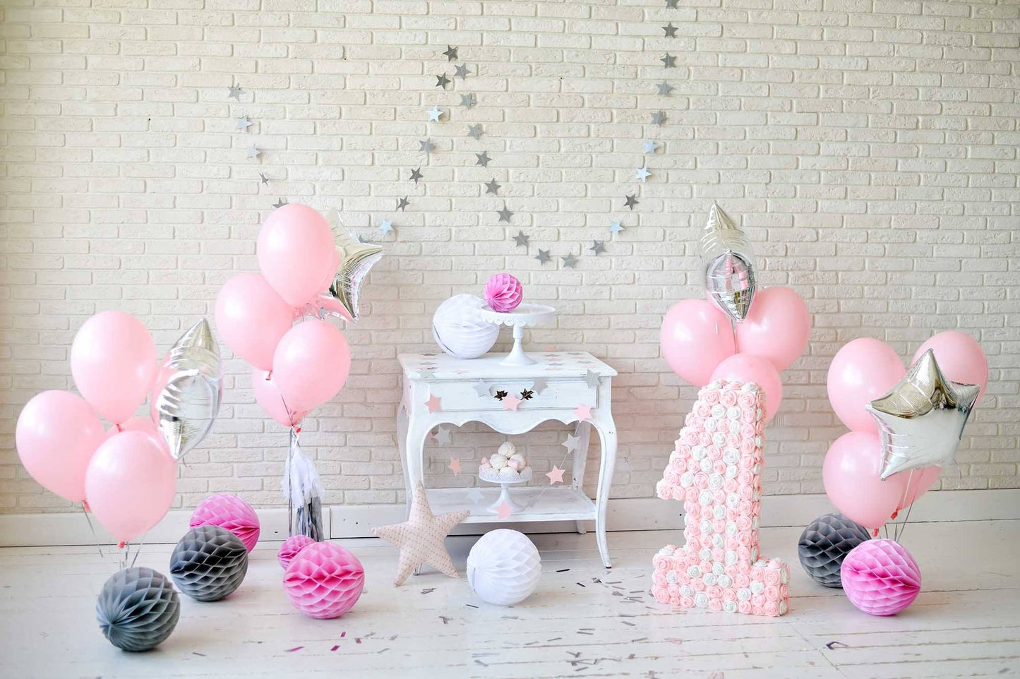 Milk White Brick Wall With Pink Balloons On Wood Floor For Baby 1 Birthday Backdrop Shopbackdrop