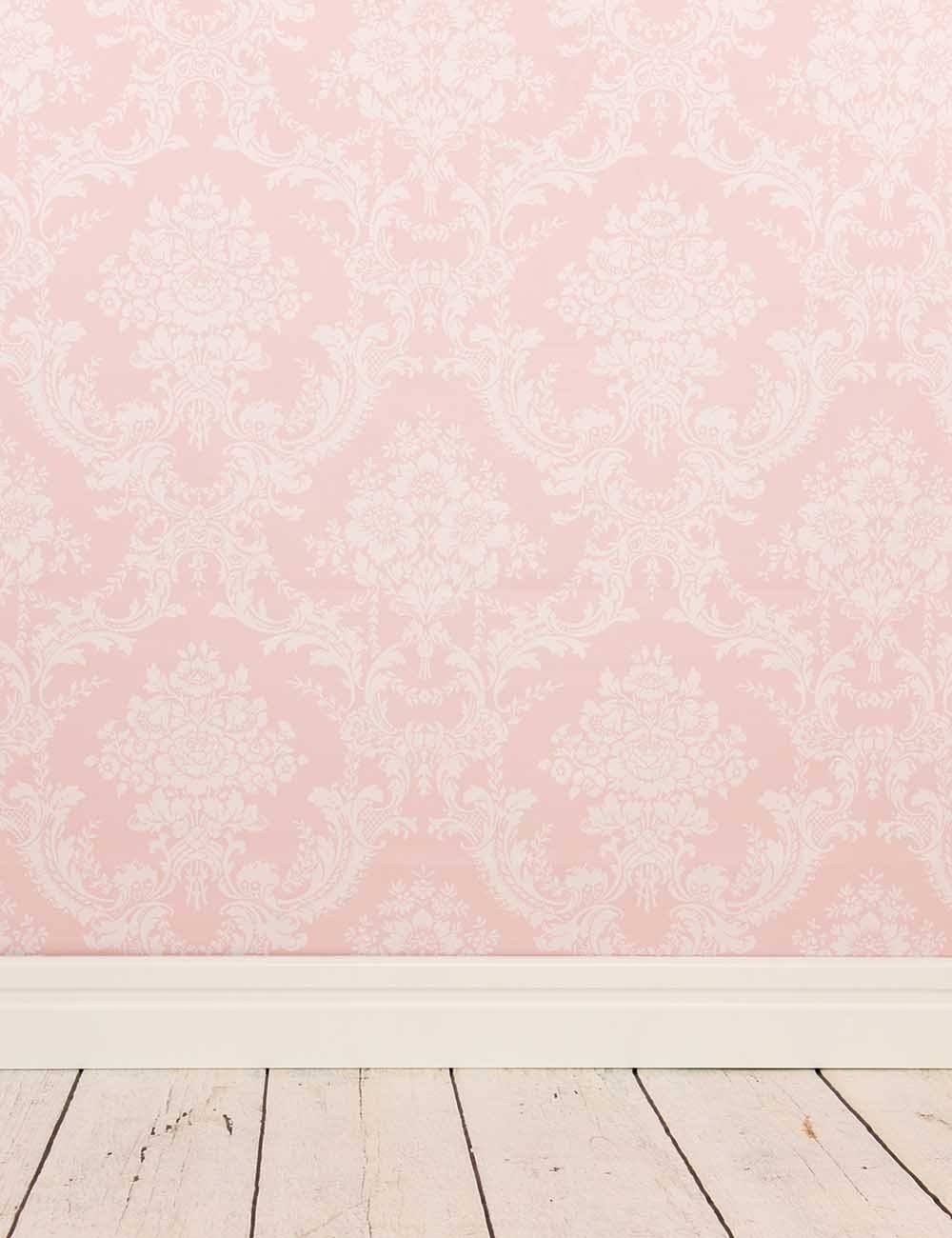 Milk White Damask Printed On Pink Wall With Wood Floor Backdrop For Photo Shopbackdrop