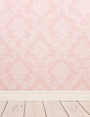 Milk White Damask Printed On Pink Wall With Wood Floor Backdrop For Photo Shopbackdrop