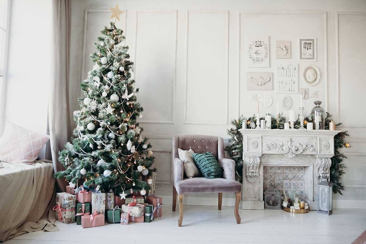 Modern Design Of The Room Decorated With Christmas Tree Photography Backdrop J-0095 Shopbackdrop