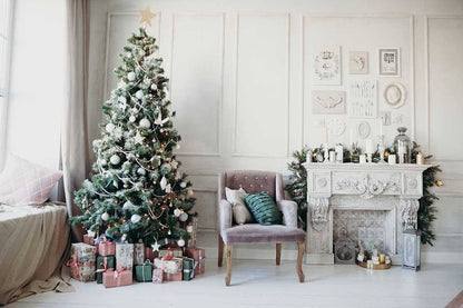 Modern Design Of The Room Decorated With Christmas Tree Photo Backdrop ...