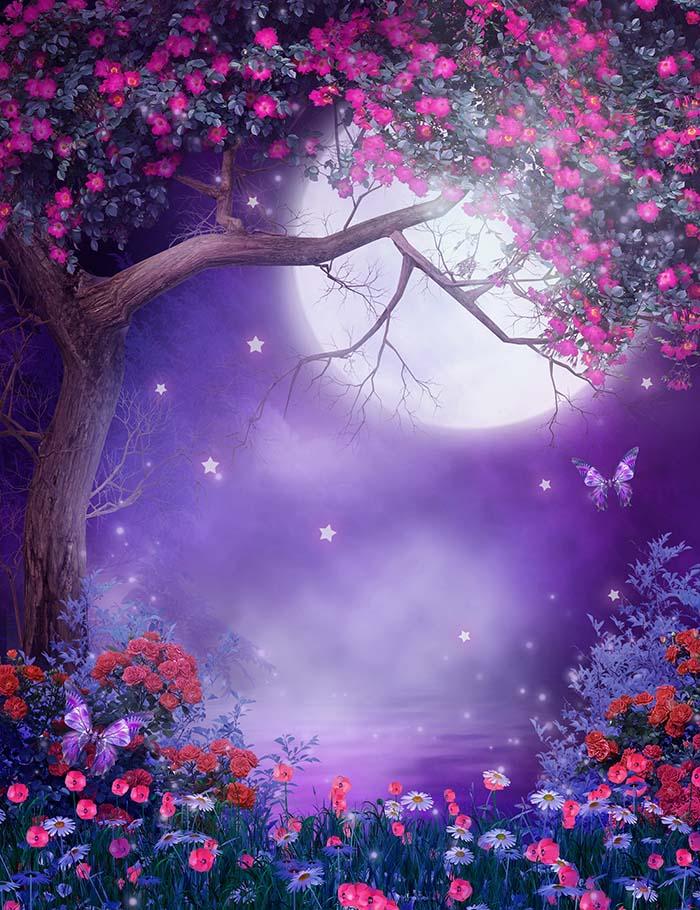 Moonlight Purple Scenery Flowering Tree And Colorful Shrubs Photography Backdrop  J-0556 Shopbackdrop