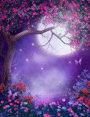 Moonlight Purple Scenery Flowering Tree And Colorful Shrubs Photography Backdrop  J-0556 Shopbackdrop