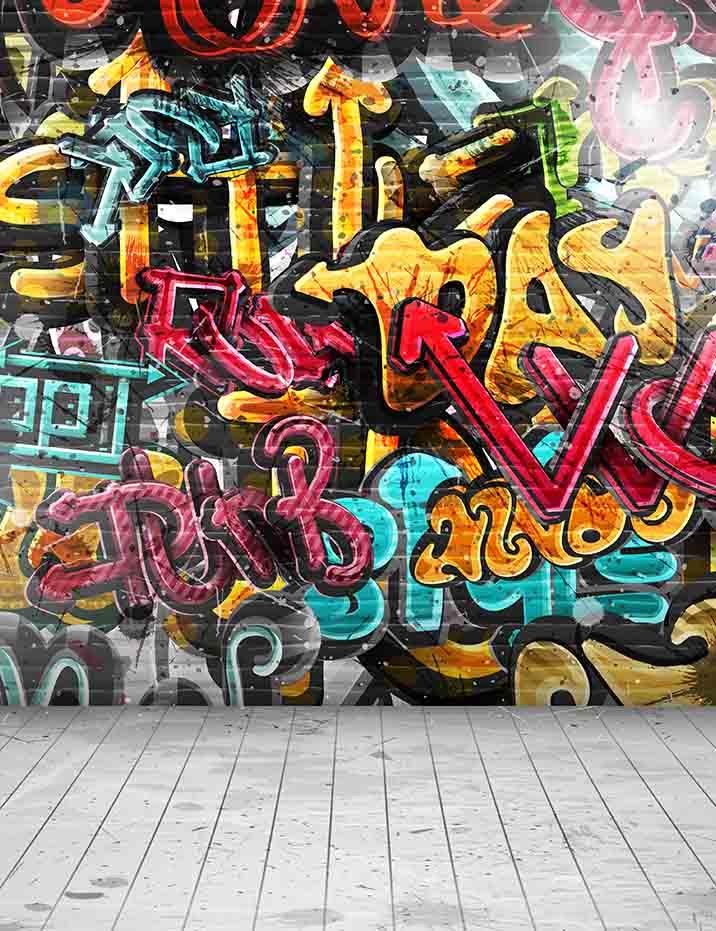 Painted Graffiti Brick Wall With Wood Floor Photography Backdrop J-0324 Shopbackdrop