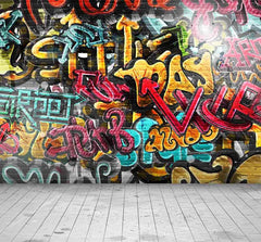 Painted Graffiti Brick Wall With Wood Floor Photography Backdrop J-0324 Shopbackdrop
