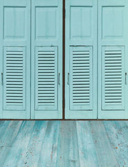 Pale Blue Folding Blinds Door With Wood Floor Photography Backdrop Shopbackdrop