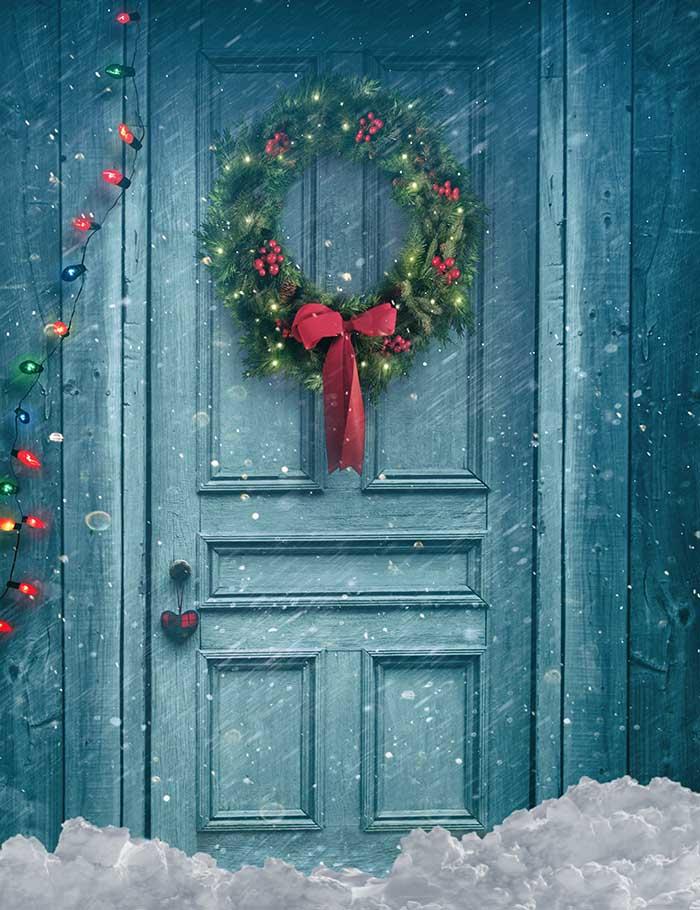 Pale Blue Wood Door With Christmas Wreath Photography Backdrop J-0239 Shopbackdrop
