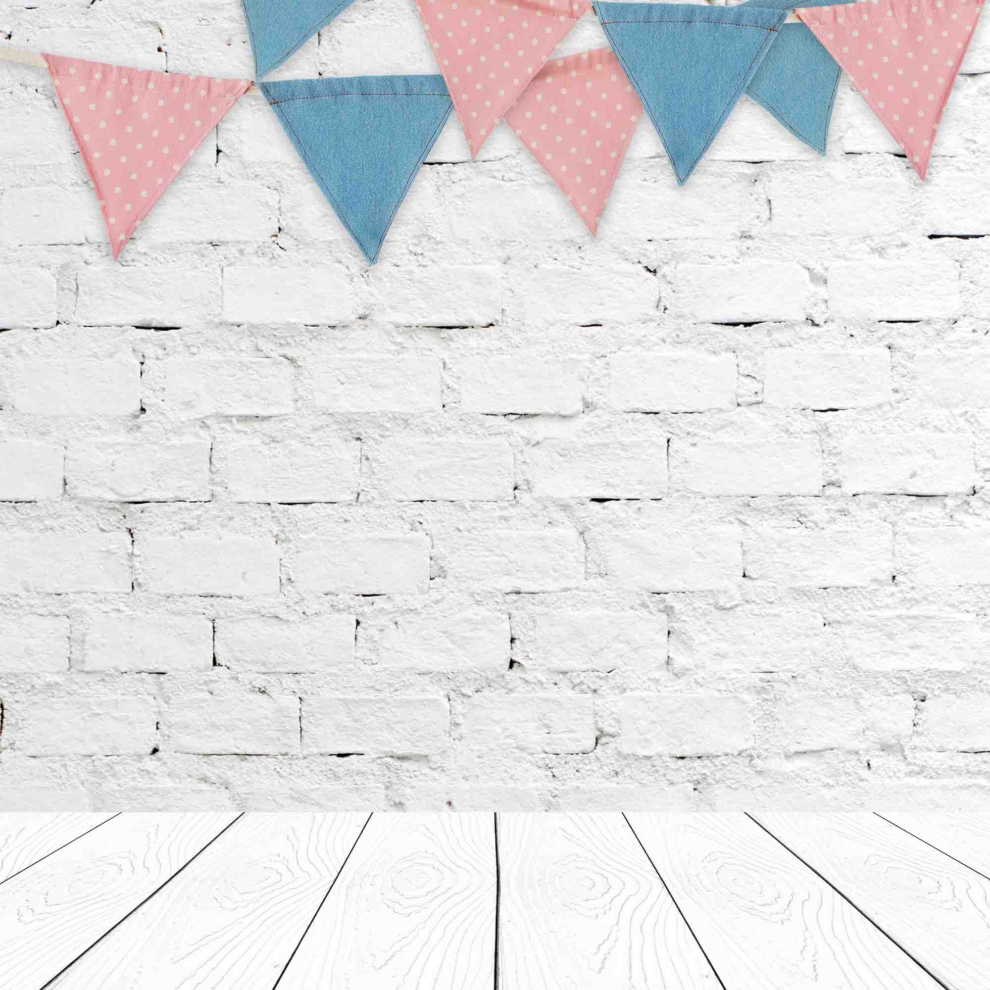 Party Flags Hanging On White Brick Wall With Wood Floor Backdrop Shopbackdrop