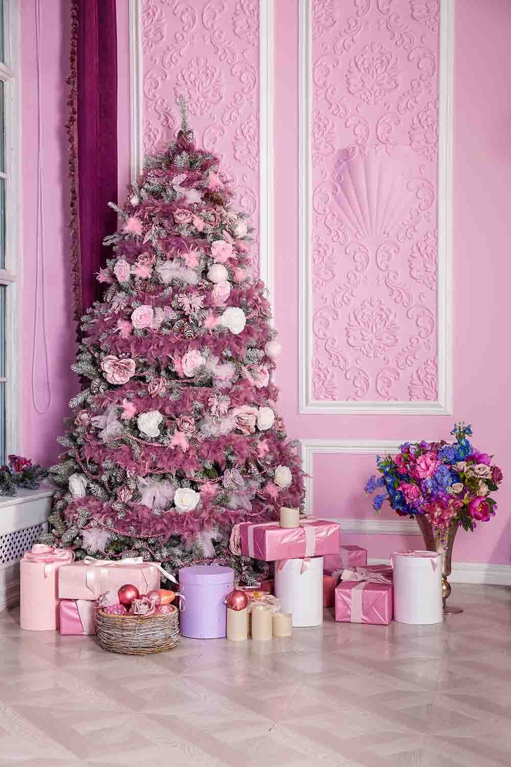 Pink Christmas Tree On Pink Wall Corner For Holiday Backdrop Shopbackdrop