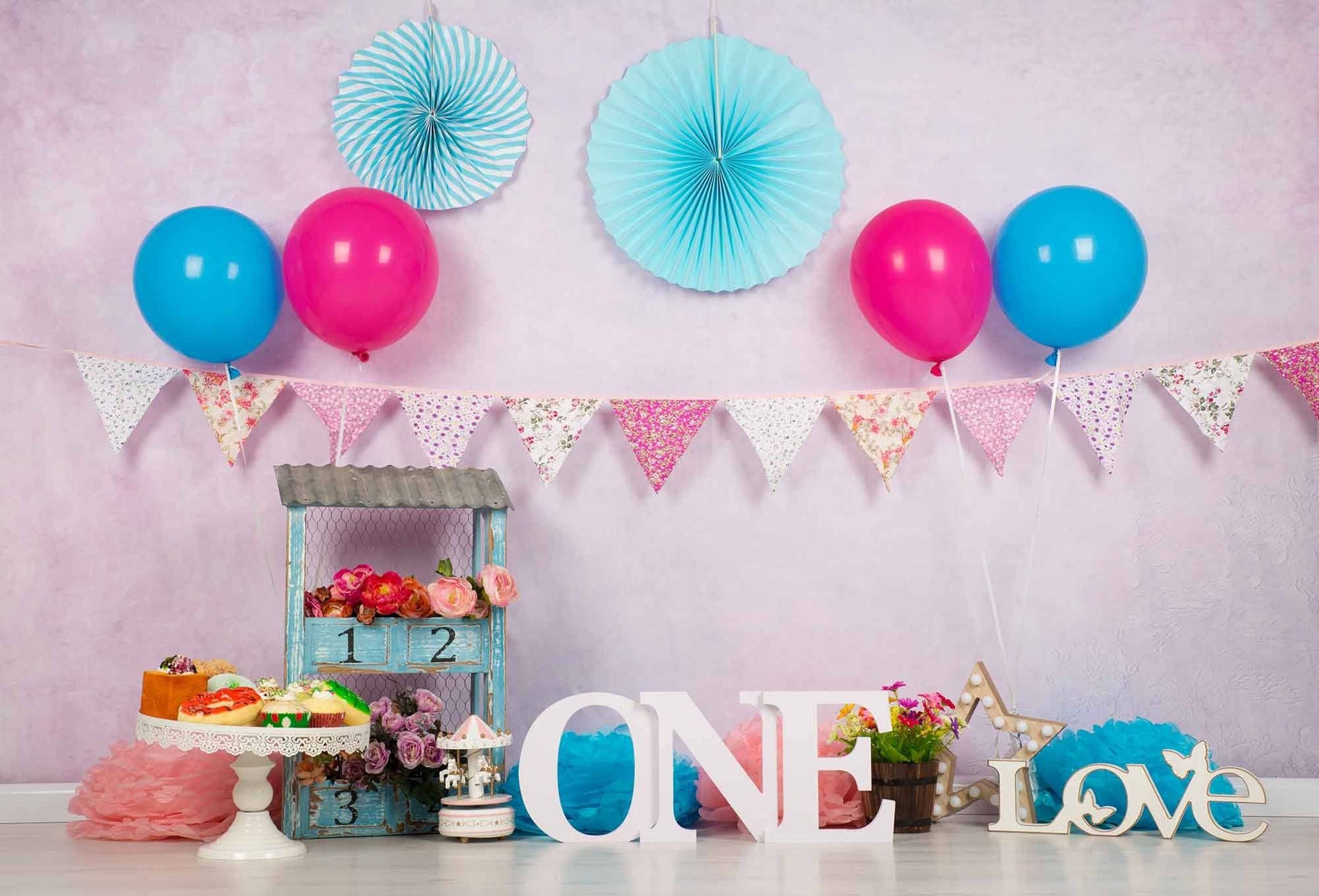 Pink Wall With Party Flags And Wheel For Baby 1Th Birthday Backdrop Shopbackdrop
