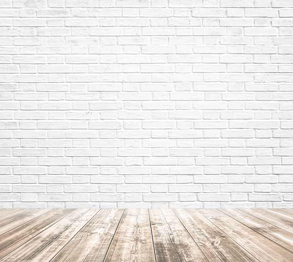 Printed White Brick With Wooded Floor Texture Photography Backdrop J-0326 -  Custom size / Wrinkle Free Cloth