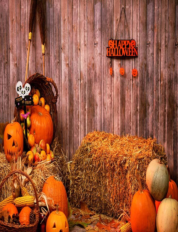 Pumpkin Heads And Autumn Props On Wooden Wall Photography Backdrop N-0060 Shopbackdrop