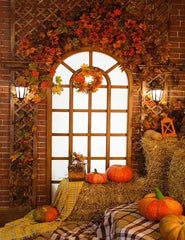 Pumpkin On The Haystack With Window For Halloween Photograhy Backdrop J-0598 Shopbackdrop