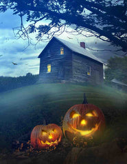 Pumpkins Under Tree Before Wood Room Backdrop For Halloween Photography Shopbackdrop