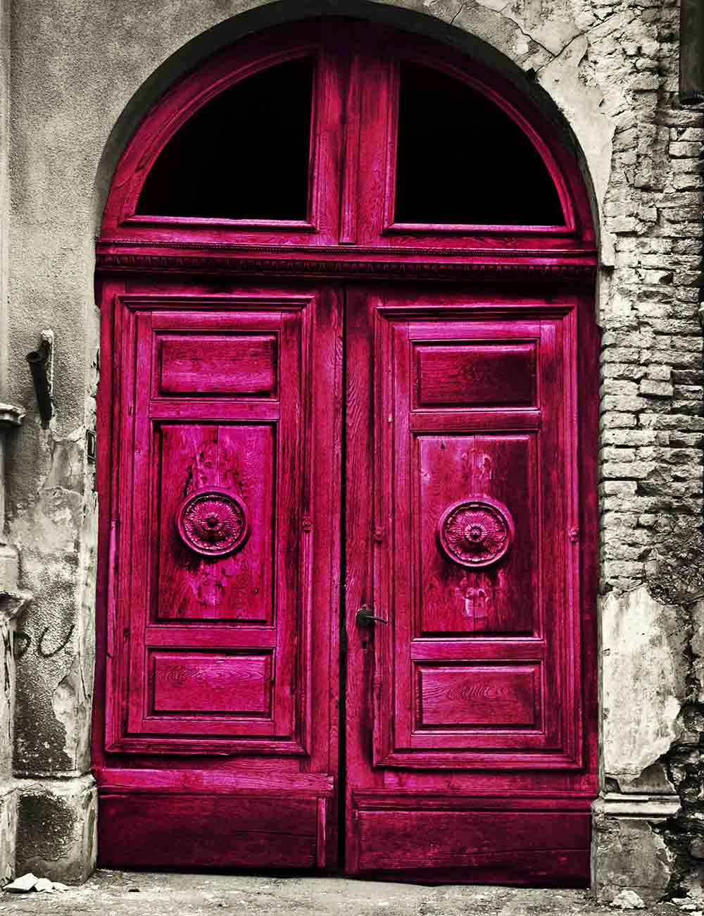 Red Arched Wood Door With Gray White Brick Wall Backdrop Shopbackdrop