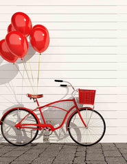 Red Bicycle With Balloons And Basket On Stone Floor Withe Wood Wall Backdrop Shopbackdrop