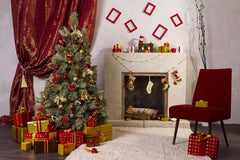 Retro Christmas Room With Fireplace Photography Backdrop J-0113 Shopbackdrop