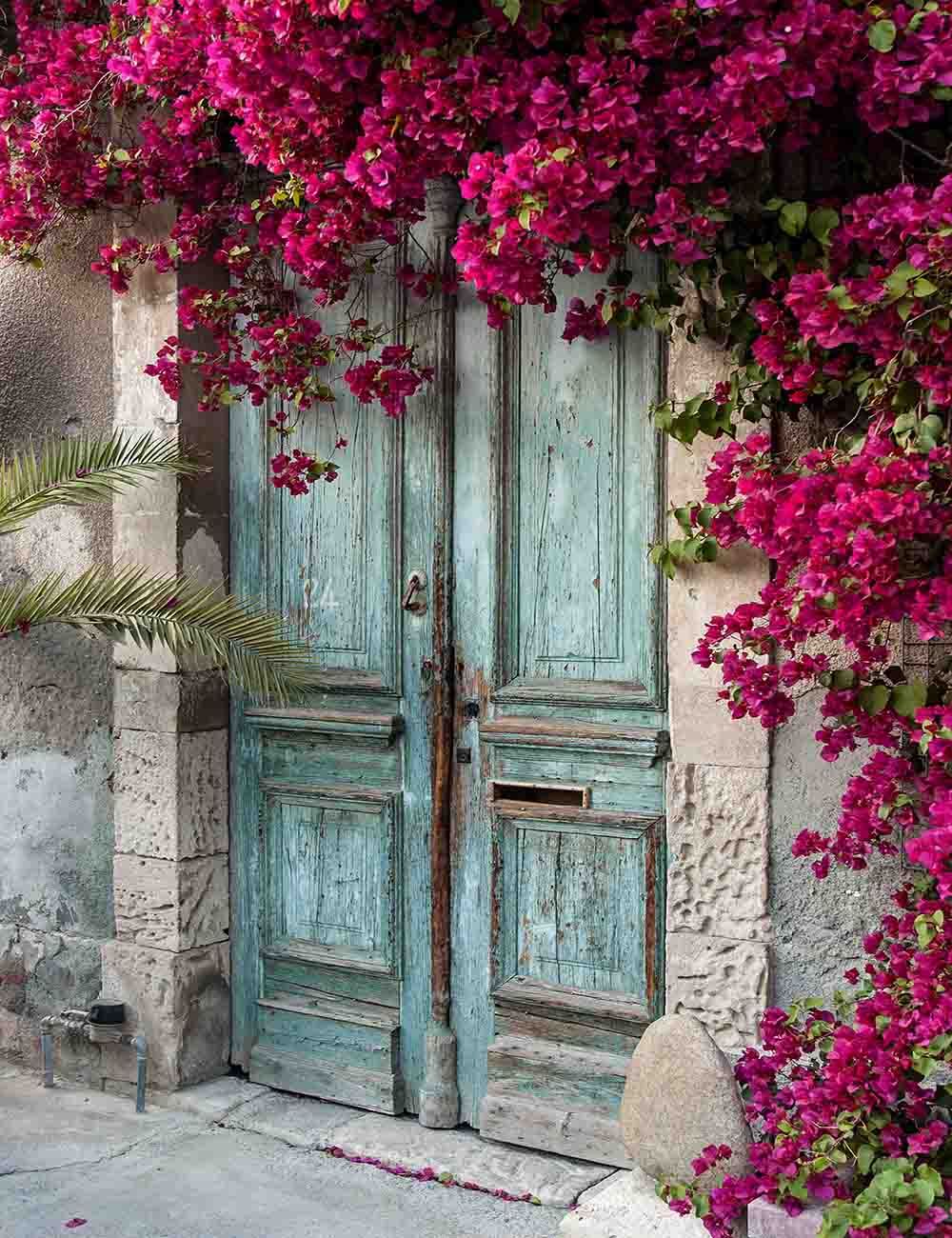 Retro Green Wood Door With Beautiful Flower Backdrop For Photo Studio Shopbackdrop