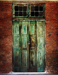 Retro green Wood Door With Brick Wall Photography Backdrop J-0051 Shopbackdrop