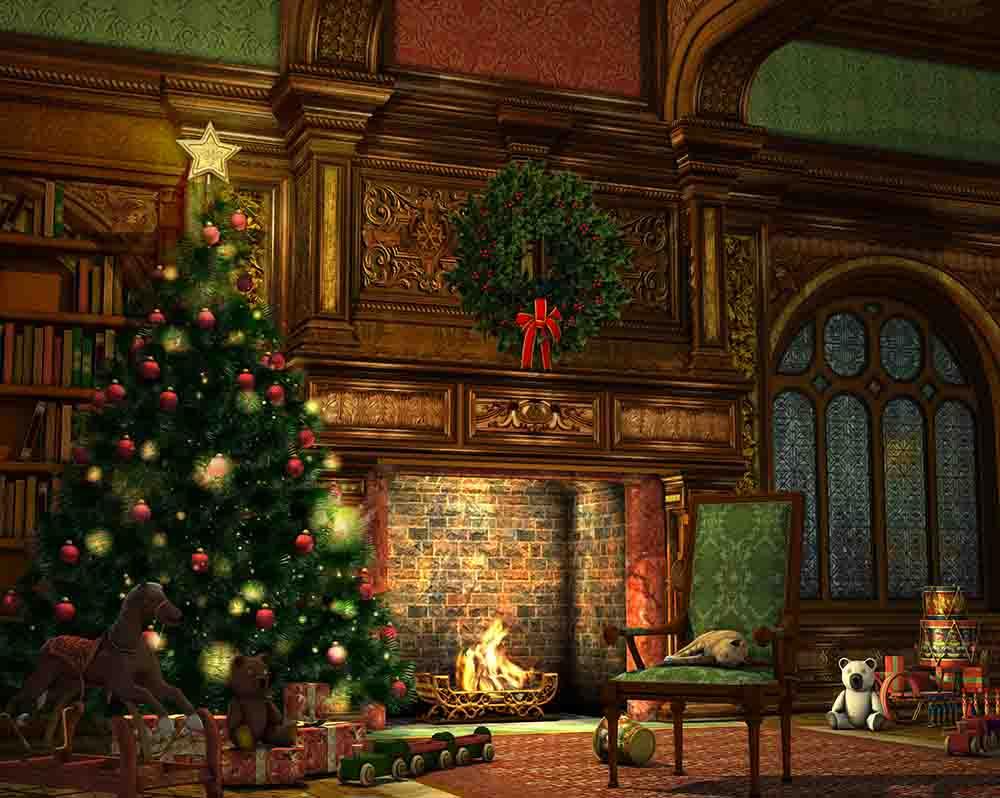 Retro Interior Design With Christmas Tree For Photography Backdrop J-0108 Shopbackdrop