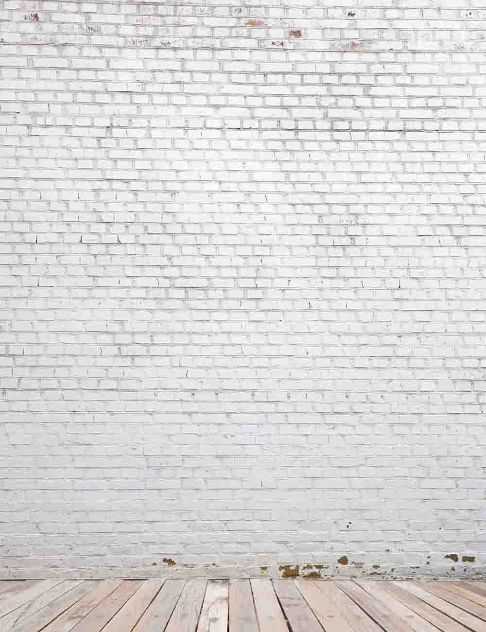 Retro Milk White Brick Wall With Wood Floor Photography Backdrop Shopbackdrop