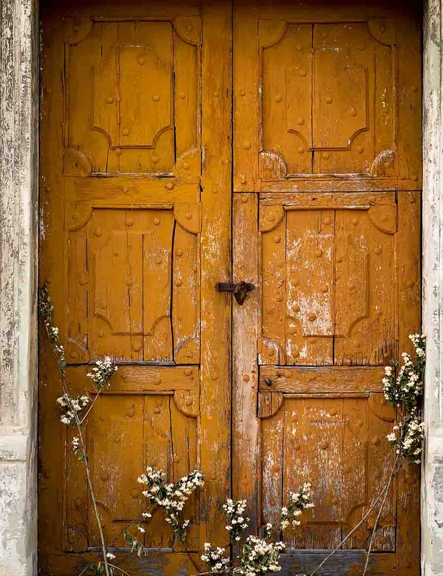 Retro Yellow Wood Door With Wild Flower Photography Backdrop Shopbackdrop