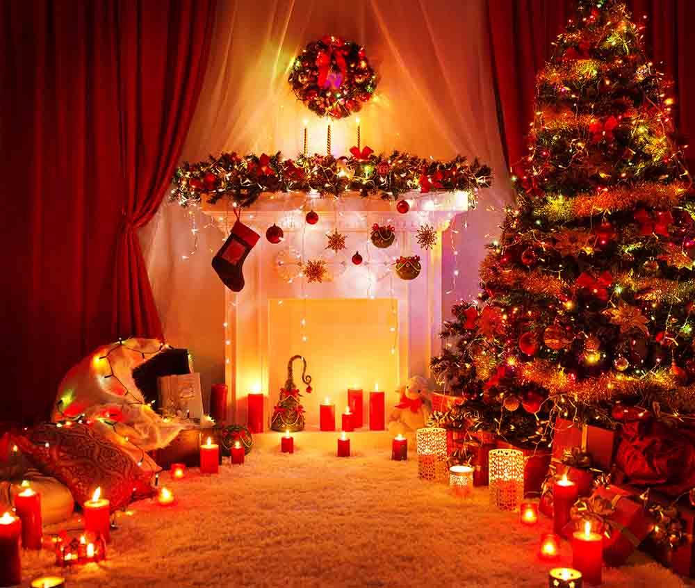 Room Christmas Tree Fireplace Lights With Lit Candle Photography Backdrop J-0067 Shopbackdrop