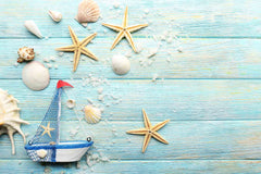 Sailboat And Shell On Baby Blue Wood Floor Backdrop Shopbackdrop