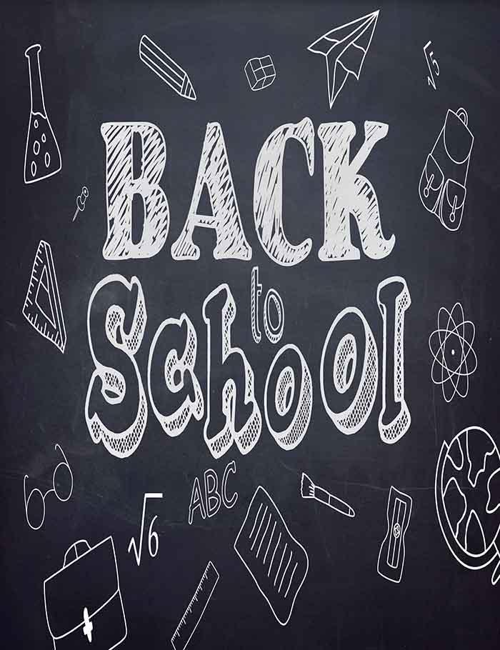 School Stationary Icons And Back To School Draw On Blackboard Photography Backdrop J-0190 Shopbackdrop