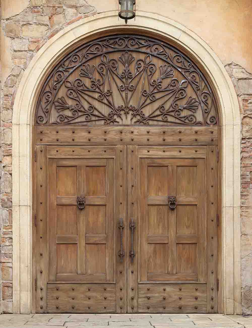 Senior Brown Arch Wood Door With Brick Wall And  Stone Floor Backdrop Shopbackdrop